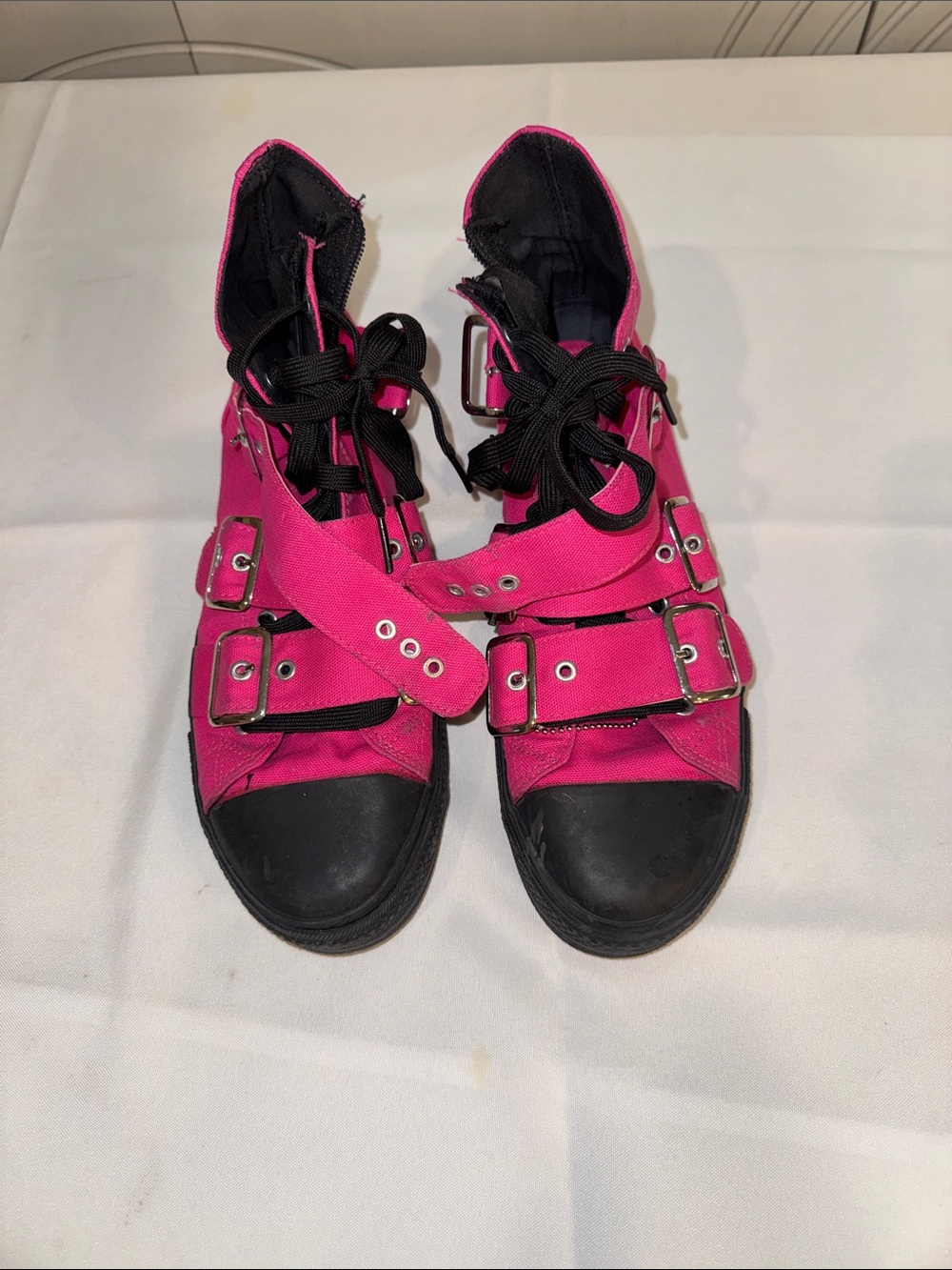 Demonia Hot Pink Lace-Up Buckle Boots